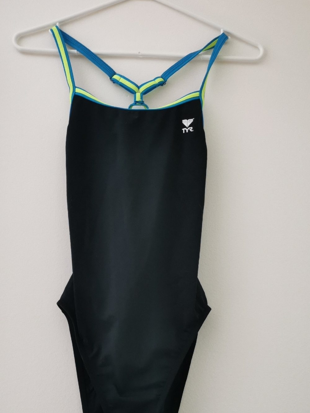 TYR Black Swimsuit with Blue and Neon Green Straps
